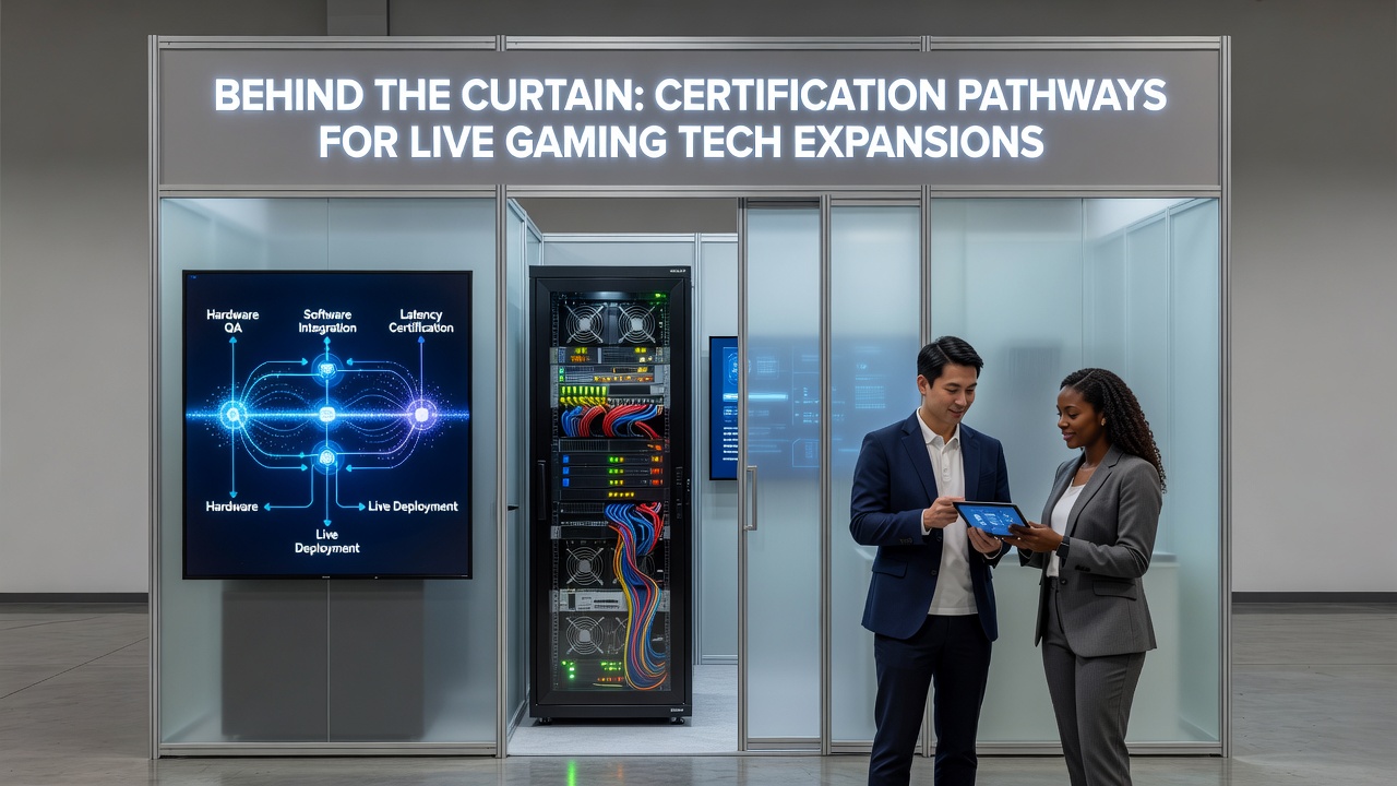 Engineers and compliance specialists reviewing live gaming server hardware and certification test results in a secure laboratory environment