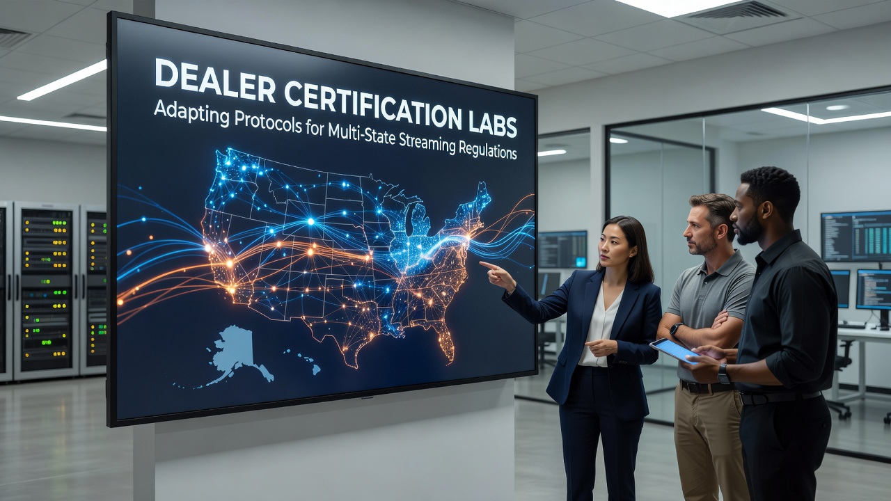 Certification lab technicians reviewing updated streaming compliance documents and testing equipment