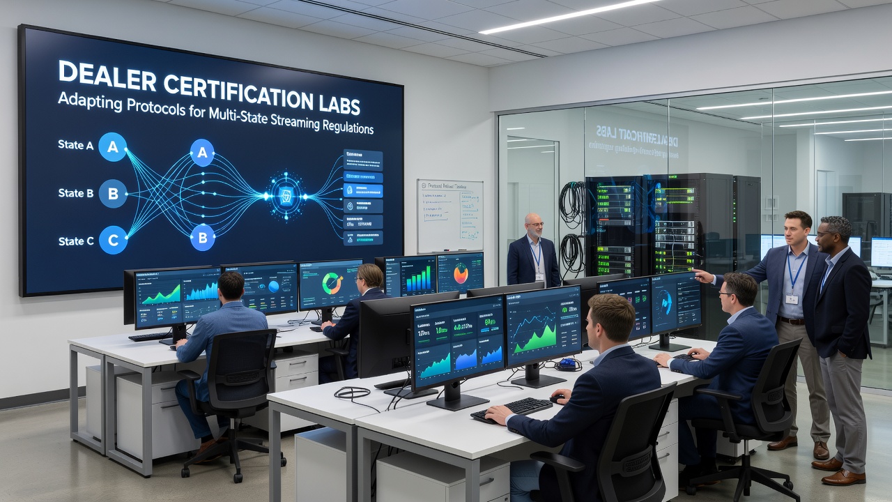 Technicians conducting multi-jurisdiction streaming tests with synchronized monitoring systems